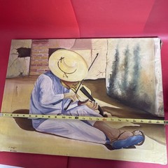 Vintage Oil Painting J. Santoyo 1980 Mexican Folk Art Violin Player