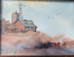 Vintage Kit Shoop WINTER BARN Original Watercolor Painting Miniature