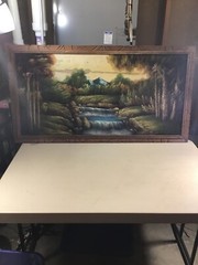 VINTAGE MID CENTURY FABRIC PAINTING WATERFALL LANDSCAPE PICTURE 48” x 26”