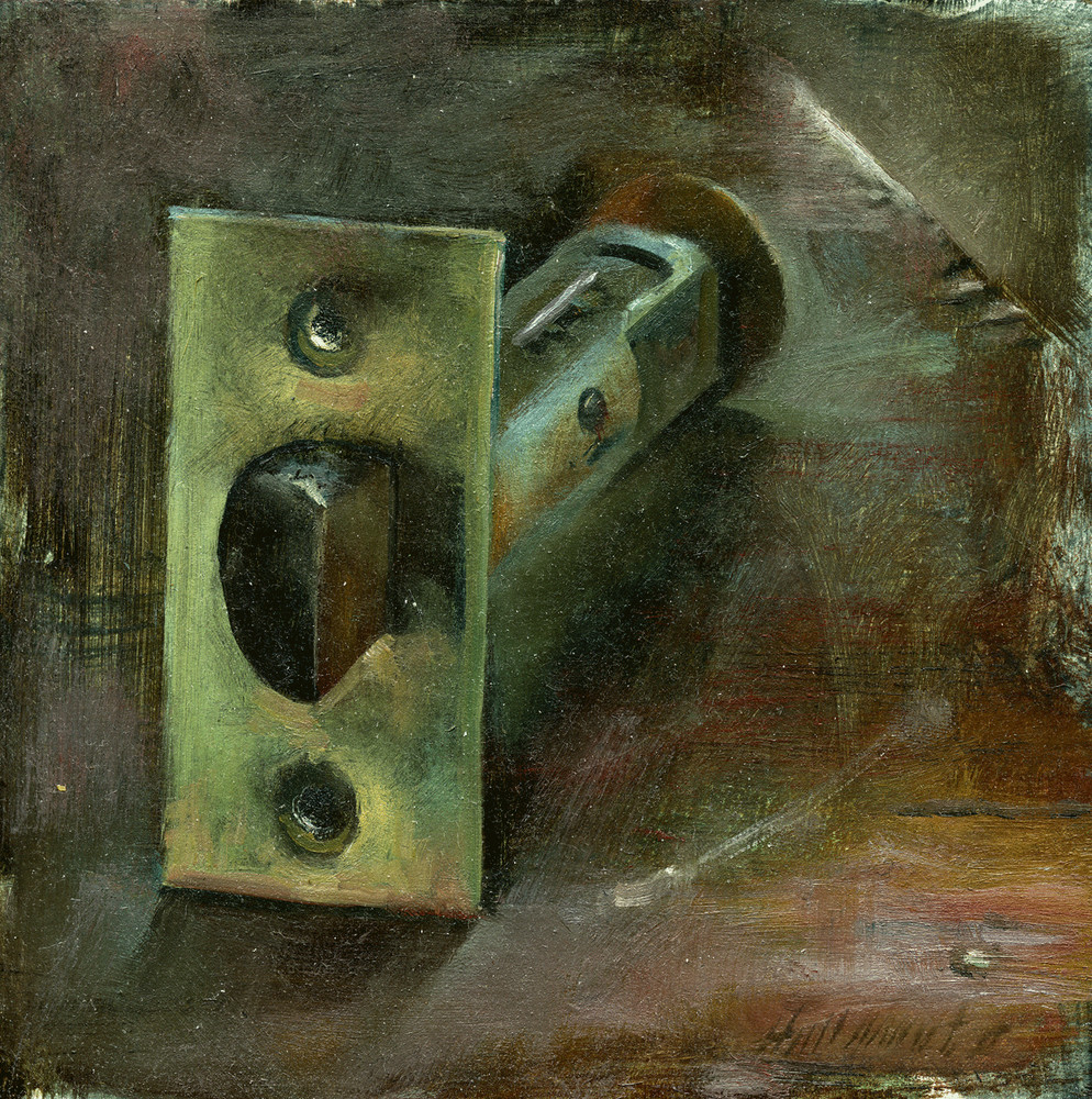 Deadbolt Lock 6×6 in. Oil on panel – Hall Groat II, American Artist