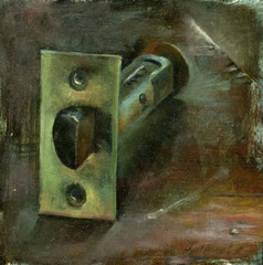 Deadbolt Lock 6×6 in. Oil on panel – Hall Groat II, American Artist