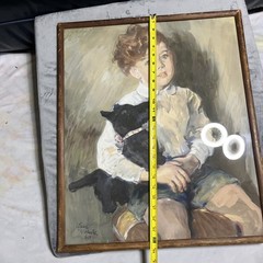Vintage 1934 Oil painting On Board 21×25” Boy Child With Dog Signed Art Framed