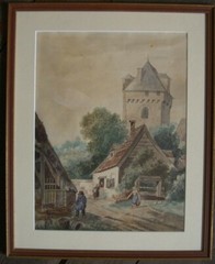 WATERCOLOR BIEDERMEIER °MEDIEVAL TOWER CASTLE FARMHOUSE FIGURESTAFFAGE