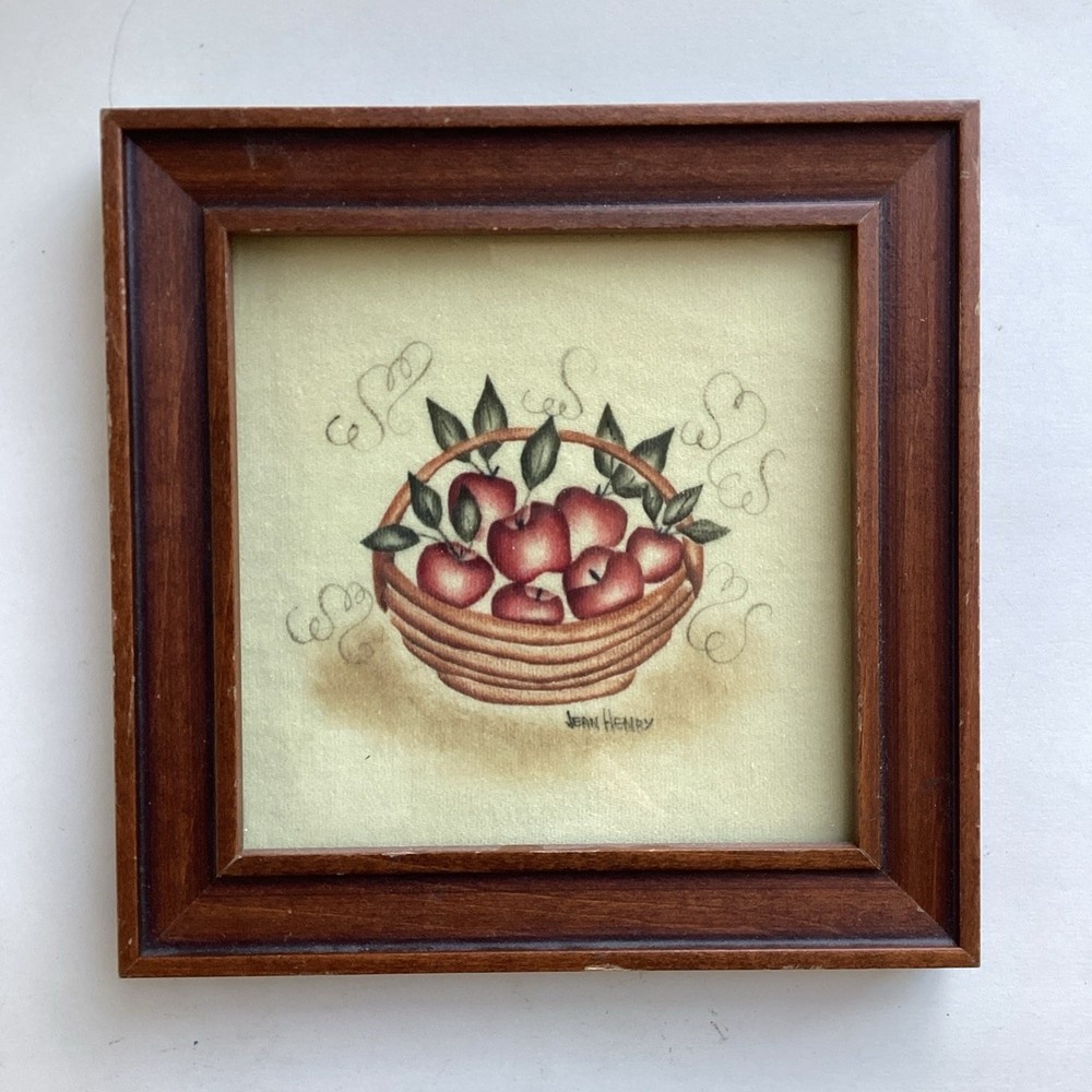 Jean Henry Folk Art Apple Basket Theorem Painting Framed 6″ Square Fall Cottage