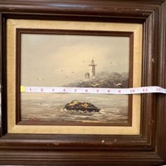 VINTAGE ORIGINAL OIL PAINTING SEASIDE SEASCAPE LIGHTHOUSE SIGNED FRAMED Seagulls