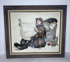 DON RUSTY RUST EMMETT KELLY CLOWN NEWSPAPER OIL PAINTING LIMITED EDITION 30×26