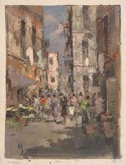 C. MARRA Signed Vintage cMid-1960s Italian Oil Painting ITALIAN STREET MARKET