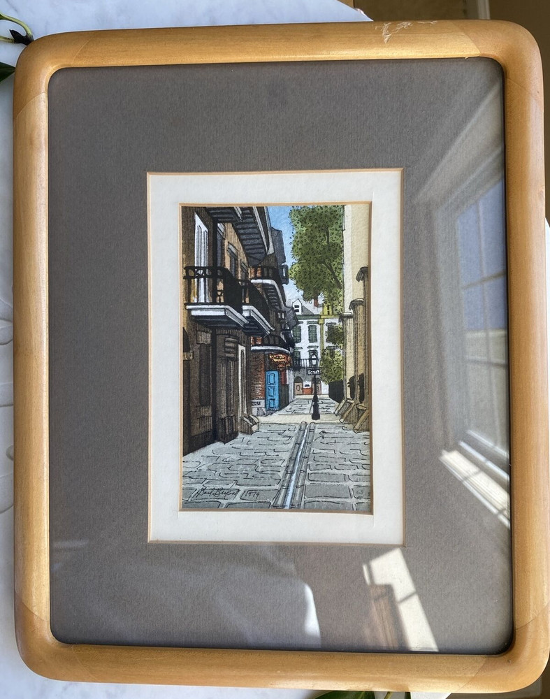 Artist Signed New Orleans Street Balcony Landmark 9.5×8.75″ 1979 Vintage Framed