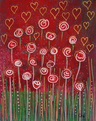 Cori Carroll original acrylic painting 8 x 10 in canvas board: HEARTS FLOWERS
