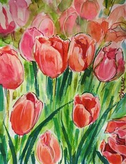 original signed watercolor painting 9×12 Red Tulips Tiffany Chesser