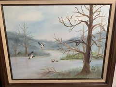 Signed Landscape Wildlife Lake Scene Ducks Trees Outdoor Painting Canvas Orig