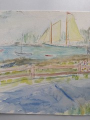 Vintage Watercolor Painting Sailing Boats Harbor Landscape 12 x 16 OOAK