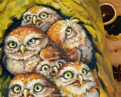 Original Cute Owlets Oil Painting, Small Birds Portrait Animals Impasto Wall Art