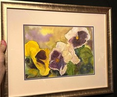 American Oil Painting Floral Still Life Tulips Pansies Flowers Birdhouses Signed