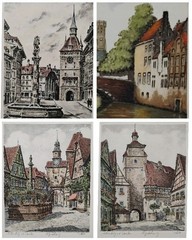 4 Antique Echings Signed Number And Title By Artist Art Vintage Mystery Artist
