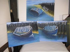 OOAK Lot of 3 original paintings collage boats 24×18 signed canvas Gallery Wall