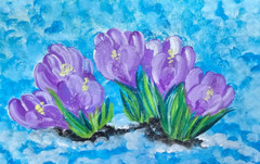 Miniature painting with watercolor spring flowers snowdrops crocus flowers