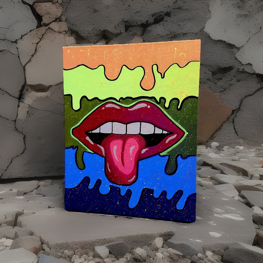 Original Pop Art Acrylic Painting – Neon Lips UV Reactive Blacklight Wall Art