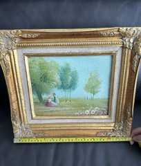 VTG Framed Oil Painting Lady by Flower Garden Scene Ornate Gold Gilt Frame 14″