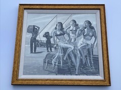 Antique Illustration Painting Boat Workers Gorgeous Women Pinup mid century