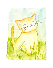 ACEO original cute kitty in meadow cat ATC OOAK Cherie Donnell