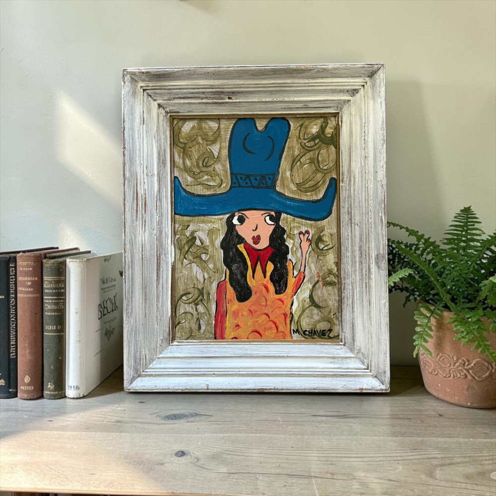 Mid Century Whimsical Folk Art Cow Girl Portrait by So Cal Artist Miguel Chavez