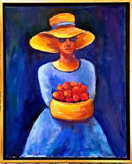 Oil Painting Woman Straw Hat Blue Dress Bowl Fruit Still Life Framed by Donalee
