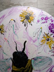 Original Art Acrylic Pour Vinyl Record Bumblebee And Flowers