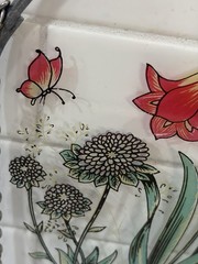 Flowers on glass lead Frame – 5 1/2x 8 Vintage-Red/Brown/Green