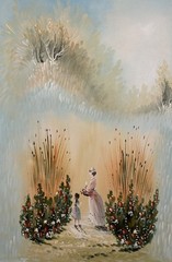 Vintage 1990s Original Folk Art Oil Painting Edwardian Mother Daughter in Garden
