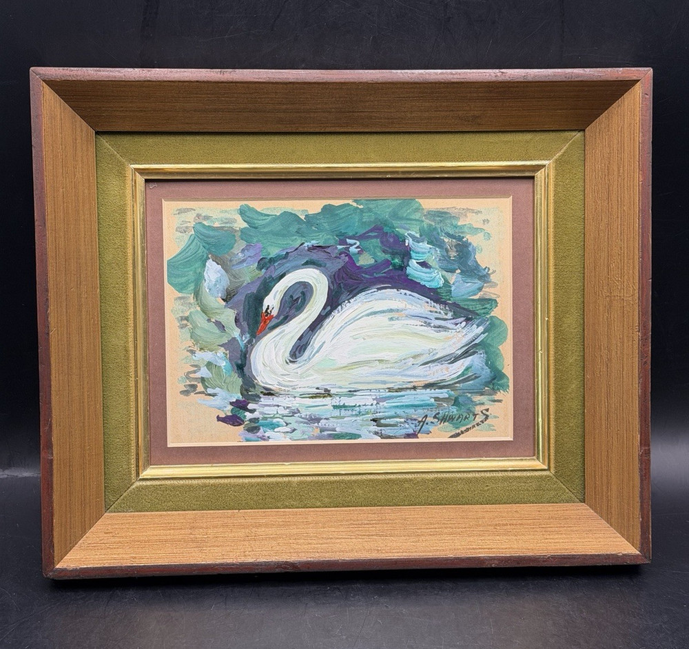 Vintage MCM Signed A. Shwarts Oil Painting Wall Art Swan On The Lake Framed
