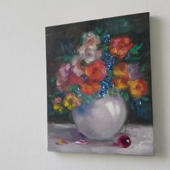 Vibrant Floral Bouquet Original Oil Painting White Vase Still Life Wall Decor