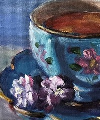 Blue Cup and Saucer with Tea Original Oil Painting 6×6 OOAK Signed Still Life