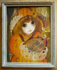 ROGER ETIENNE, LISTED BIG EYED GIRL PARIS Modern SIGNED Painting Collage 60s