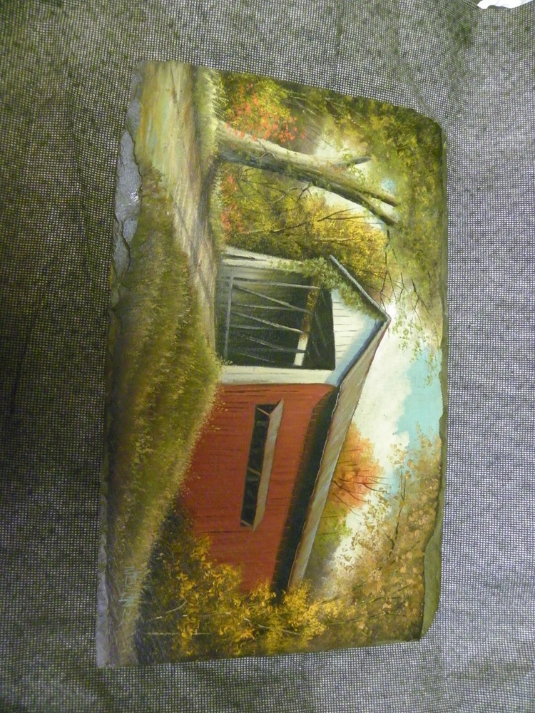 HAND PAINTED SLATE WALL HANGING AUTOMN COVERED BRIDGE SCENE SIGNED BY ARTIST