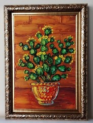 Framed Potted Cactus Flowering Prickly Pear 4×6″ Impasto Oil Painting Original