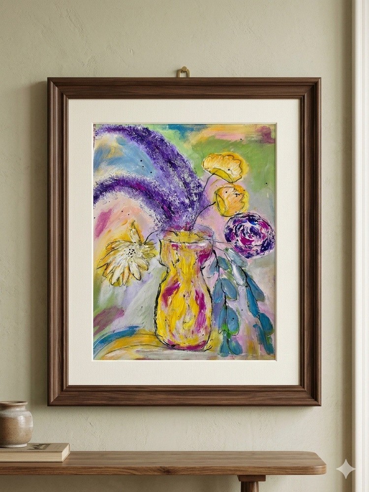 Original Abstract Floral Still Life Painting on Canvas – Yellow and pinky Vase