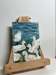 OOAK ACEO Original Watercolor Painting White Ducks Swimming Miniature Nature Art