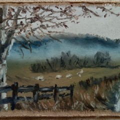 ACEO Original Sheep Landscape Painting Moody Rural Field Countryside Mini Art