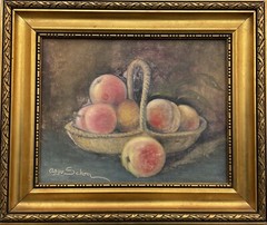 Oil Painting Aage Schou Still Life Fruit Basket With Peaches Modern Style Deco