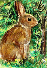 ORIGINAL ACEO Cottontail RABBIT Painting Spring Flower Bunny Animal Nature ART