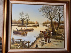 Large R Smith „Towpath Barge Canal Landscape Scene“ Oil Painting – Signed/Framed