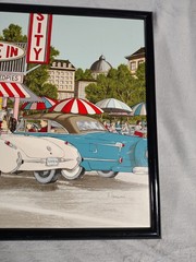 H Hargrove 1957 Corvette At Drive In Restaurant Signed Oil Painting 21.5 X 25.5