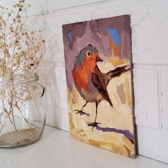 Robin Bird Painting Original Oil Art Semi Abstract Modern Colorful Small Artwork