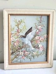 Vintage 1983 Bird & Floral Art Painting on Canvas 12×10 Chinese-Style Seal Decor