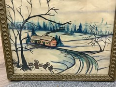 Watercolor Winter Scene, Unknown Artist, Framed 18” X 15”