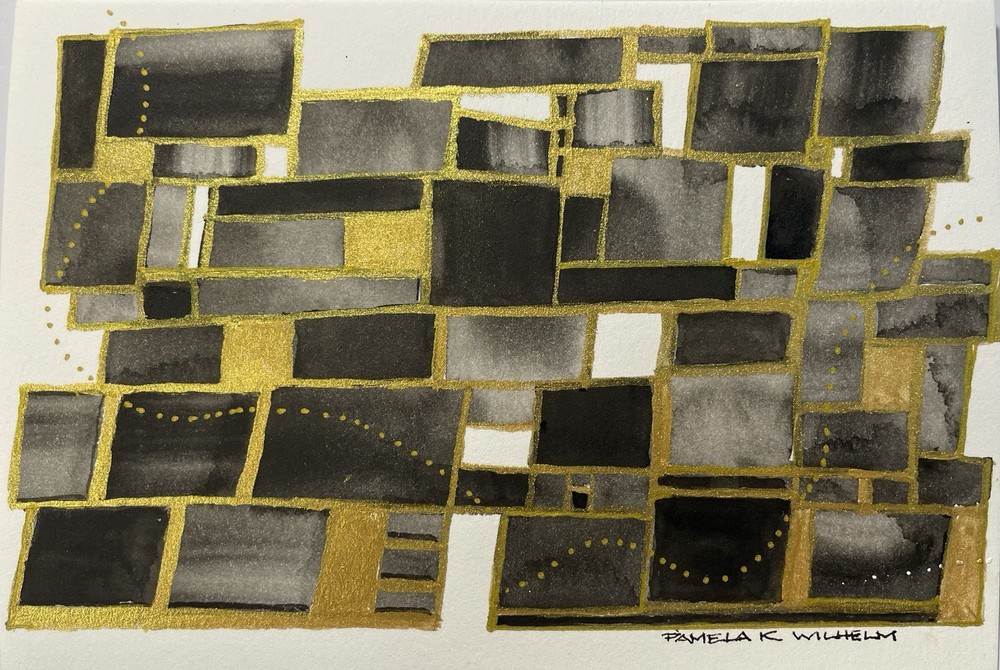 Pamela Wilhelm original Watercolor 5”x7” Abstract Black gray Gold Cubical Art