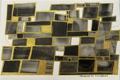 Pamela Wilhelm original Watercolor 5”x7” Abstract Black gray Gold Cubical Art