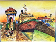 Black Ink & Watercolor Panama Canal Drawing Signed by Tolmos 2003 Original Work