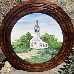 Folk Art Hand Painted Print Countryside Church On Canvas Round Wood Frame Signed